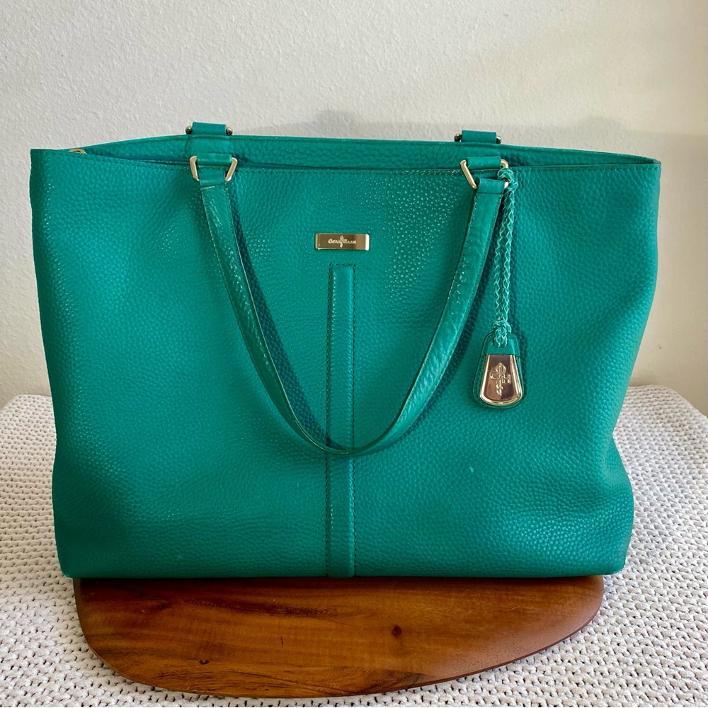 Cole Haan Green Leather Large Work Laptop Tote Bag Purse